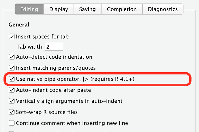 Screenshot of the RStudio Options dialog showing the Use Native Pipe Operator preference highlighted