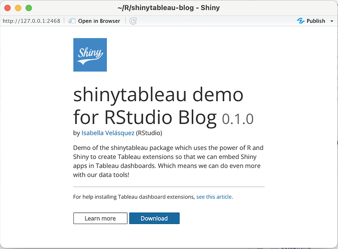 Dialogue box for the shinytableau extension where you can downlown the .trex file