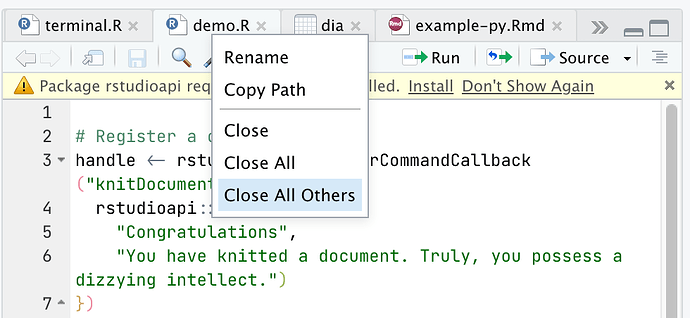 Screenshot of RStudio's document tab context menu, showing actions that can be taken on the document