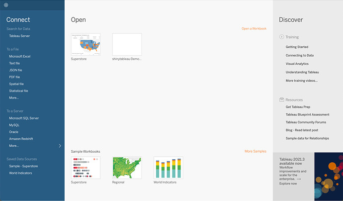 First page of Tableau where you can open the Superstore workbook