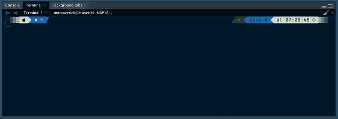 Screen shot of Terminal pane of RStudio IDE with command-line prompt that shows powerline connections and icons.