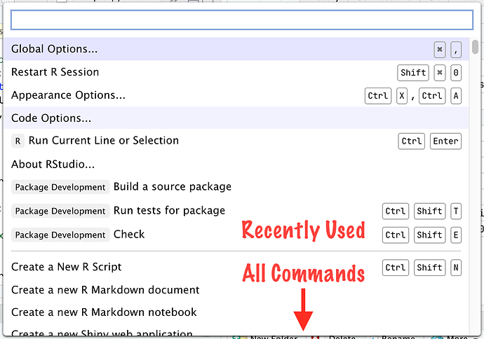 Screenshot of RStudio's command palette showing a list of recently used commands