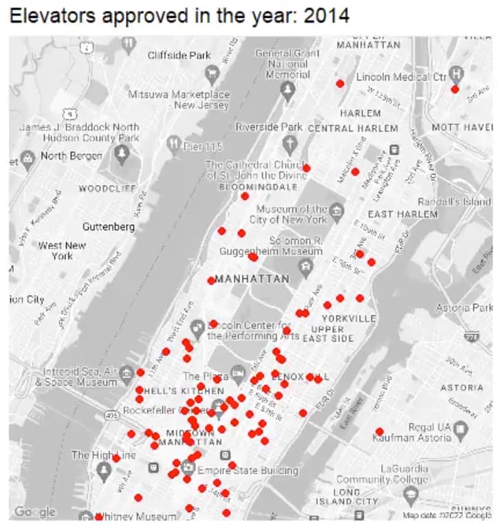 Incremental view of elevators approved in 2014 in Manhattan on a map. image