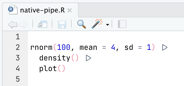 Screenshot of an RStudio code editor showing triangle-shaped ligatures for the native pipe operator